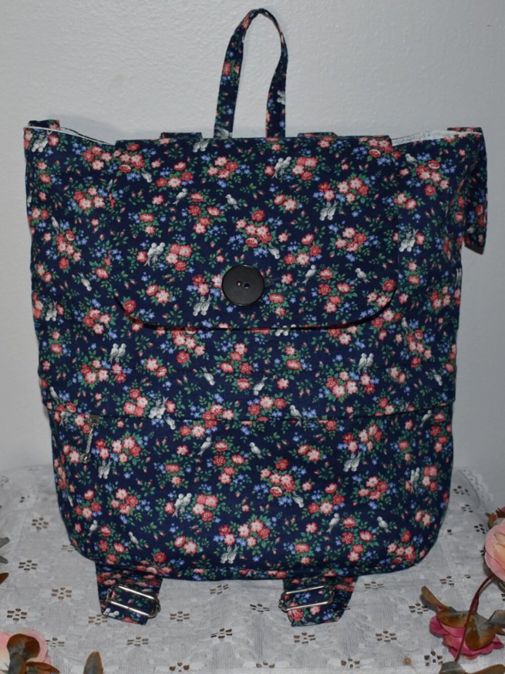 Country Cottagecore Blue Floral Flower Bird Fabric Small Light Backpack Bag